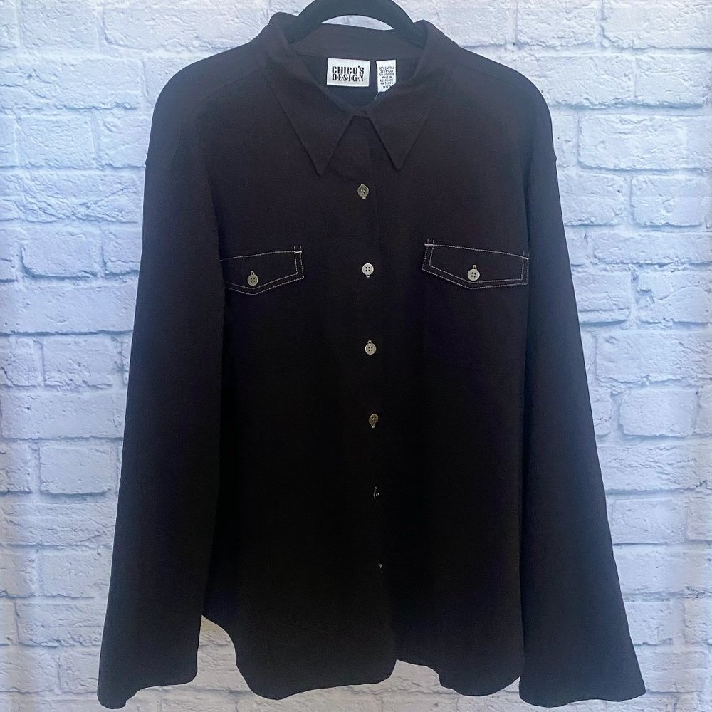 Chico’s Black Like Suede Western Look Top With Roll Tabbed Sleeves Size 3 NWT